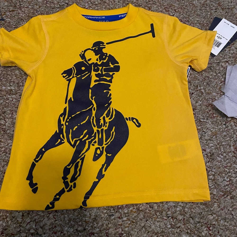 Gold/yellow Polo Ralph Lauren shirt with large navy logo